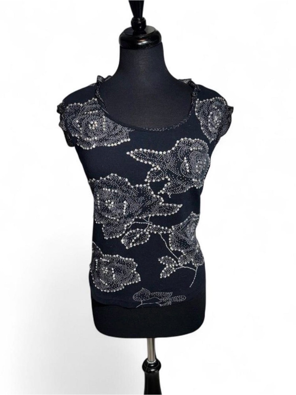Y2K Black Floral Rhinestone Cap-Sleeve Tee